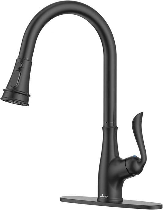 APPASO Matte Black Kitchen Faucet with Pull Down Sprayer, High Arc Single Handle Faucet for Kitchen Sink with 3 Modes Spray Head, cUPC-Certified Pull-Out Hose, Water Supply Tubing & Valve