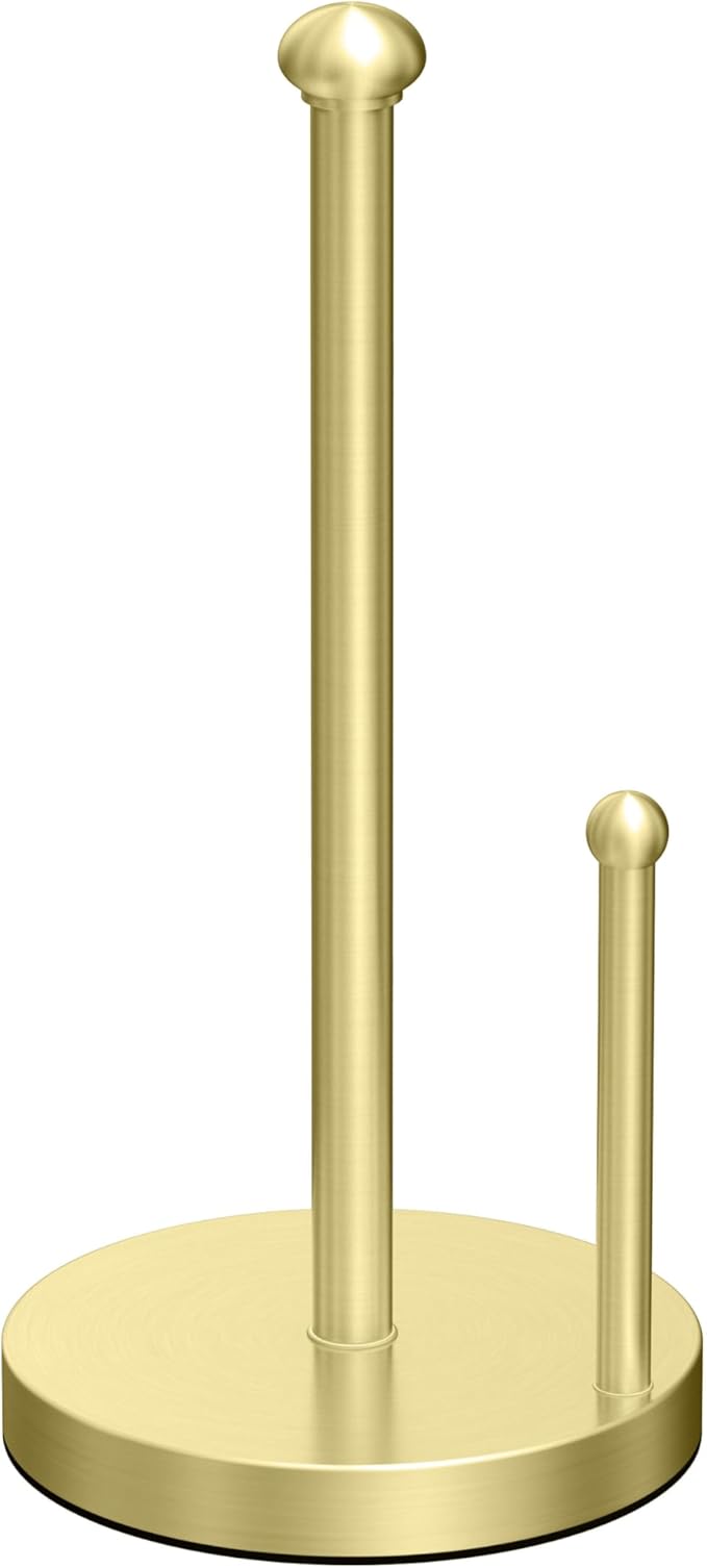 Gatco 1447B Kitchen Paper Towel Stand, Brushed Brass | Countertop Solid Brass Weighted Base Paper Towel Holder Stand