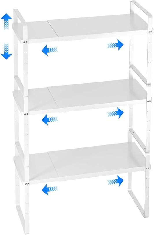 KIKIBRO Expandable Cabinet Shelf Organizer, Stackable Kitchen Pantry Counter Storage, Adjustable Closet Cupboard Stand Rack Risers Spice Organization 80LBS Heavy Duty White 3 Pack