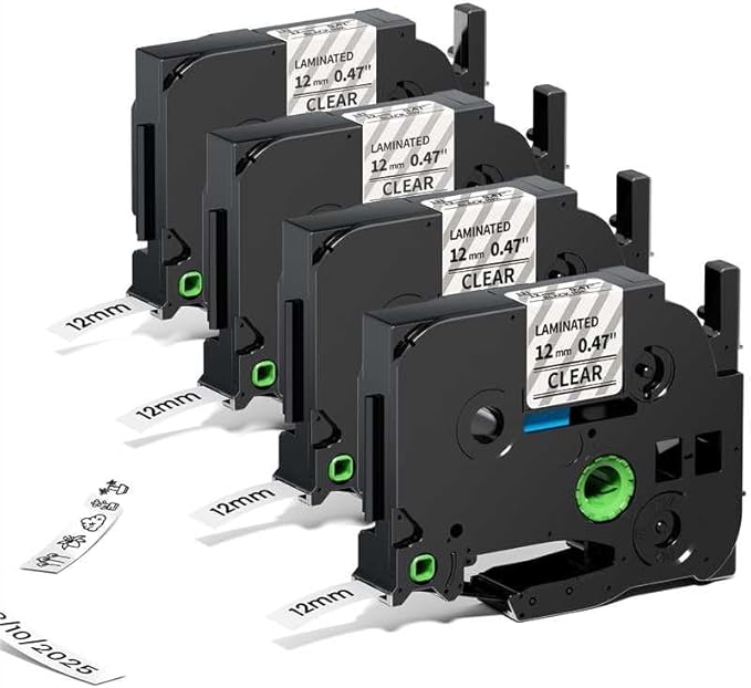Label Maker Tape Clear TZe TZ Tape 12mm 0.47 Laminated TZe-131 Replacement for Brother P-Touch Label Tape Black on Clear TZe131 for Ptouch PT-D220 D210 H110 1180 1280 1890 Refills, 4-Pack
