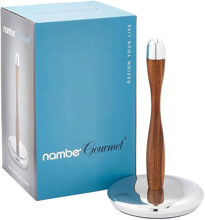 nambe Curvo Paper Towel Holder | Wooden Paper Towel Stand for Countertop | Kitchen Roll Holder with Weighted Base | Made of Acacia Wood and Metal Alloy | 7.5 x 13 Inch