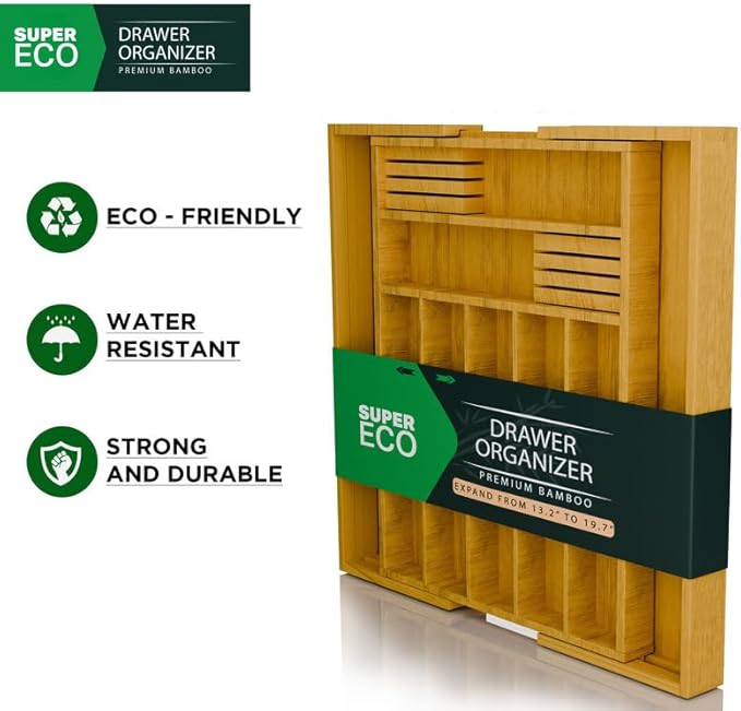 SUPER ECO Bamboo Kitchen Drawer Organizer - Bamboo Expandable Drawer Organizer Utensil Holder & Cutlery Tray - Adjustable Wood Drawer Dividers Organizer for Silverware, Flatware, Knives (9 Slot)
