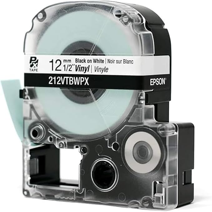 Epson LABELWORKS 212VTBWPX-10PK Genuine Tape Cartridge - 5 Pack Black on White Flexible and Durable Vinyl Industrial Label Maker Tape - 1/2" (12MM) Wide, 22.9 ft - 10 Cartridges
