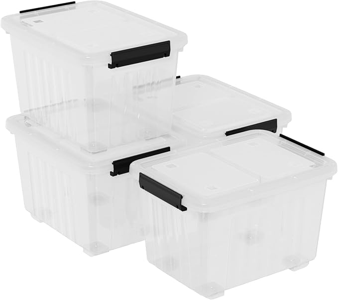 30 L Stackable Storage Bins with Lids, Clear Plastic Storage Containers, Stackable Organization Boxes with Secure Latching Lids/Wheels, Set of 4