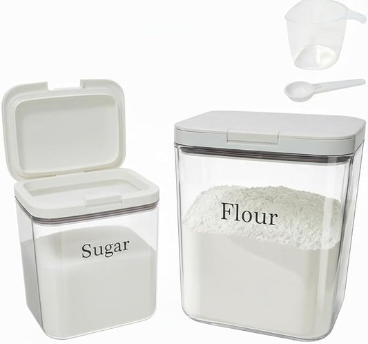 Flour Sugar Storage Containers 2 Pc,Airtight Food Containers Storage with One-Press Lid,BPA Free Pantry Organizers Storing with Scoop and Ceasuring Cups for Kitchen,Cereal,Rice,Pasta,Baking Supplies