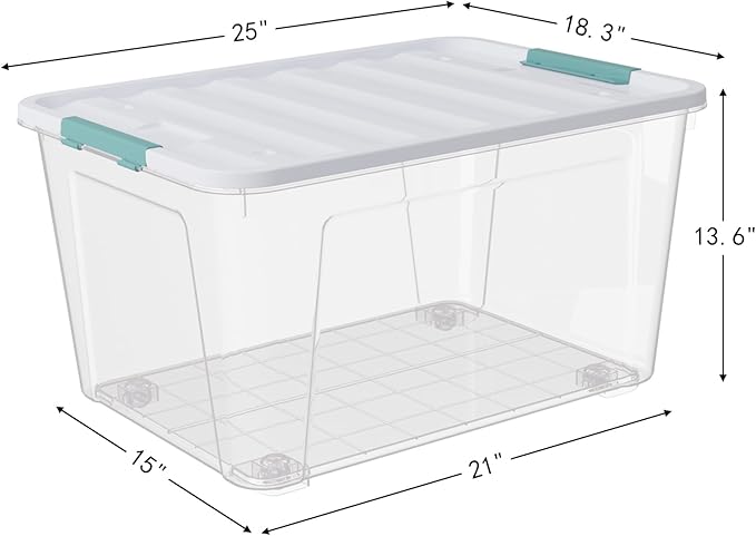 Xyskin 2 Pack Large Latching Box with Wheels, Storage Bins with Lids, Clear Plastic, 85 Quart Heavy-Duty Organizing Containers for Closet, Bathroom, and Office