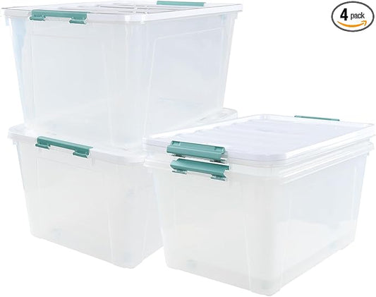 4 Packs 85 Quarts Large Clear Storage Boxes with Wheels, Plastic Latching Bins Totes Set