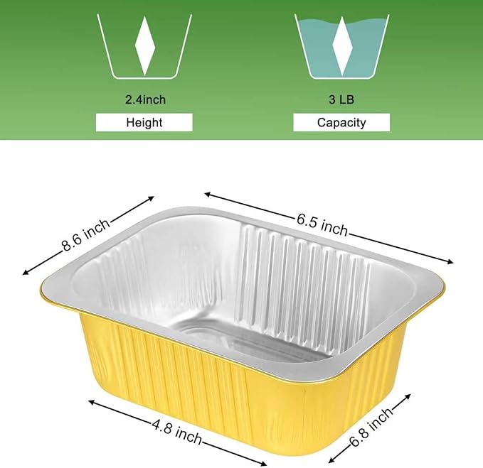 Fothwart 8.6"×6.5"×2.4" - 40 Pack 3LB/48oz Gold Aluminum Foil Pans with Lids Heavy Duty, Foil Food Containers with Lids, Tin Foil Pans for Baking, Meal Prep, Freezer, Heating and Takeout
