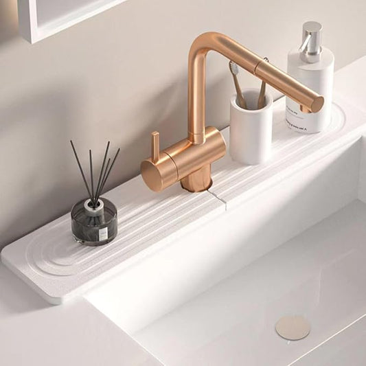 Quick Drying Stone Faucet Mat for Kitchen Sink, 18.1'' Long Diatomite Sink Tray, Faucet Splash Guard for Kitchen,Bathroom Counter, Prevents Moisture, Super Absorbent, White (White, 18.1" x 3.9")