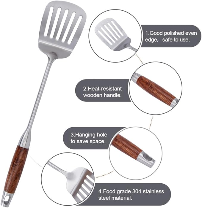 VALESKA 304 Stainless Steel Kitchen Utensils Set with Wood Handle, 6 PCS Metal Cooking Utensils Set, metal spoon,kitchen essentials, Non-Stick and Heat Resistant, Easy to Clean