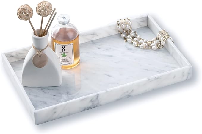 PHINILUX 𝐈𝐭𝐚𝐥𝐢𝐚𝐧 𝟏𝟎𝟎% Marble Vanity Tray (12x7in), Counter Organizer for Bathroom, Kitchen, Dresser, Coffee Table, Serving, Decorative (Carrara White)