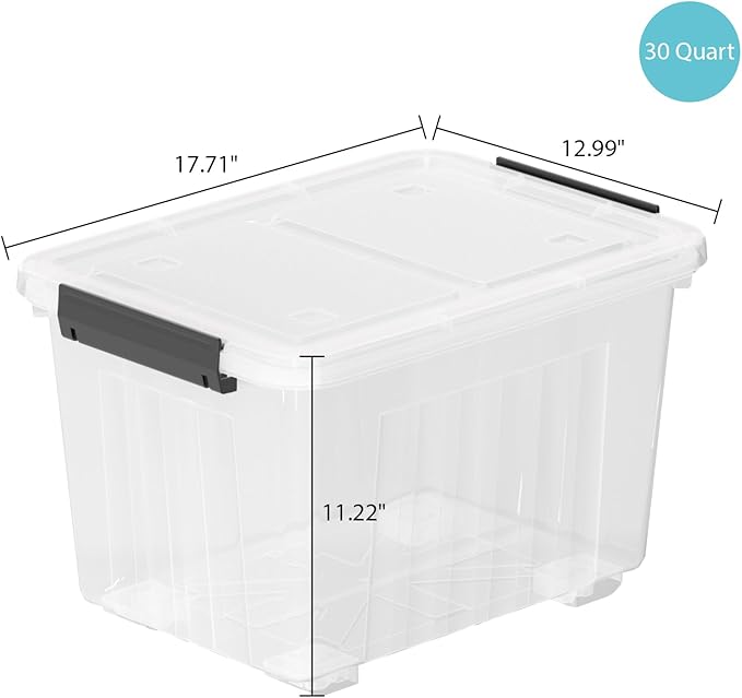 30 Quart 4 Pack Plastic Storage Bins with Latching Lids and Wheels, Clear Latch Box Container