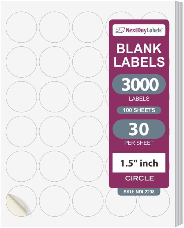 NextDayLabels 1.5 Inch Round Circle Stickers White Blank Labels for Laser Inkjet Printer - 30 Per Sheet Self-Adhesive Jar Candle Product Made in USA - 3000 Labels