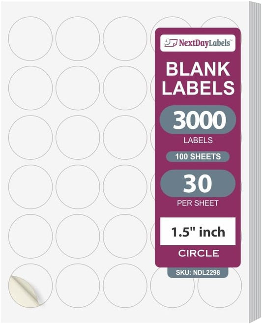 NextDayLabels 1.5 Inch Round Circle Stickers White Blank Labels for Laser Inkjet Printer - 30 Per Sheet Self-Adhesive Jar Candle Product Made in USA - 3000 Labels