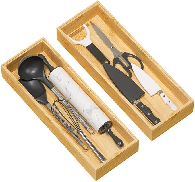 Greatseas Kitchen Drawer Organizer Tray, Stackable Bamboo Deep Drawer Organizer for Large Silverware, Utensils, Cutlery, Flatware,Junk Drawer, Dresser, Bathroom, 17" x 6" x 2.5" (Set of 2)