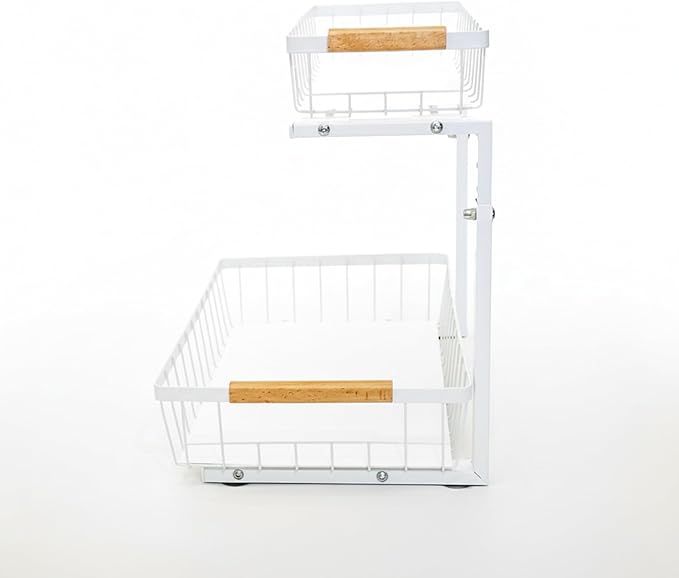 Under Sink Organizer, 2 Tier Pull Out Cabinet Organizers and Storage for Kitchen Bathroom Pantry Laundry, Adjustable Height, Slide Out Thickened Metal Storage Shelf (White, 1 Pack)