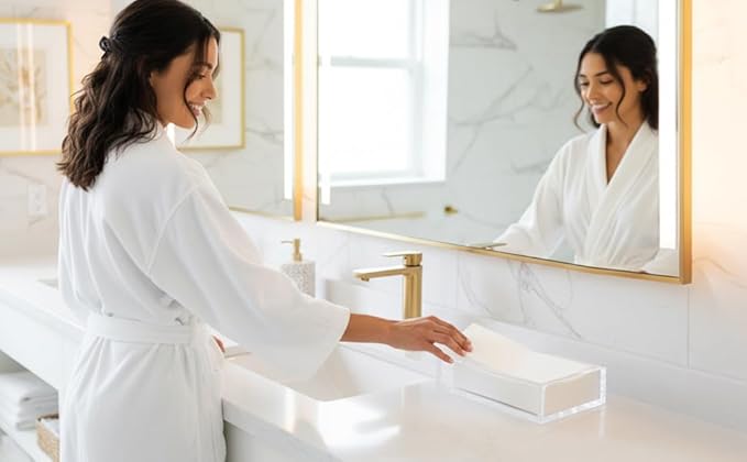 REBECCA LUXURIOUS Acrylic Guest Towel Napkin Holder, Hand Towel Tray, Bar Napkin Holder, Bathroom- Closet Organizer, Clear Vanity Storage for Shelf, Counter, Store Makeup, Cosmetics, Toiletries, 9"x5"