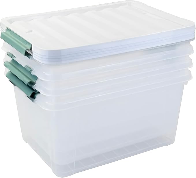 4-Pack Latching Lid Box, Large Clear Plastic Storage Bins, 35 Quart, Green Latch, Stackable Container Boxes for Home, Bathroom, Kitchen and Office Organization
