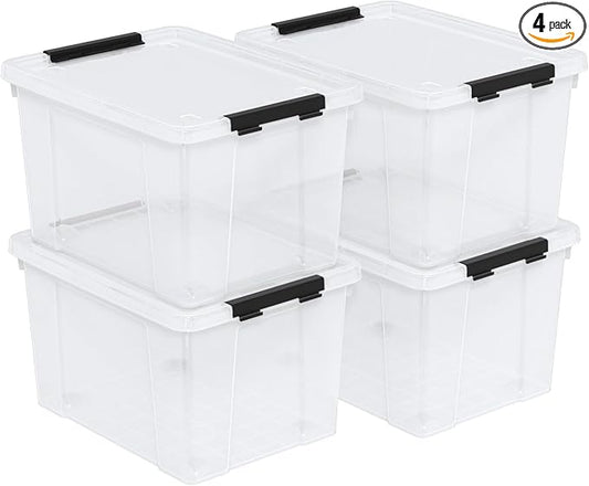 Set of 4 34 L Stackable Plastic Storage Bins with Latching Lids and Wheels, Clear Home Organization Container Box, See-Through