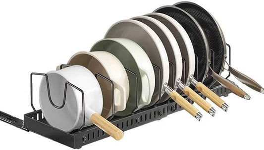 pots and pans organizer under cabinet,pot lid organizers inside cabinet holders for kitchen,Horizontal and vertical pulling modes,Can be extended and adjusted (Black horizontal pull-out)