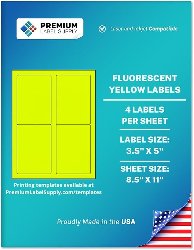 Premium Label Supply Bright Neon Color Fluorescent Sticker Labels - 3.5" x 5" Labels - (Fluorescent Yellow, 2000 Labels)