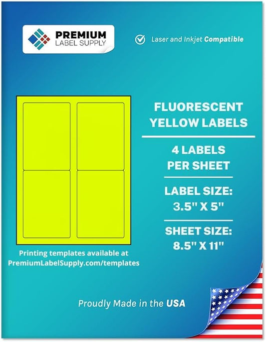 Premium Label Supply Bright Neon Color Fluorescent Sticker Labels - 3.5" x 5" Labels - (Fluorescent Yellow, 100 Labels)