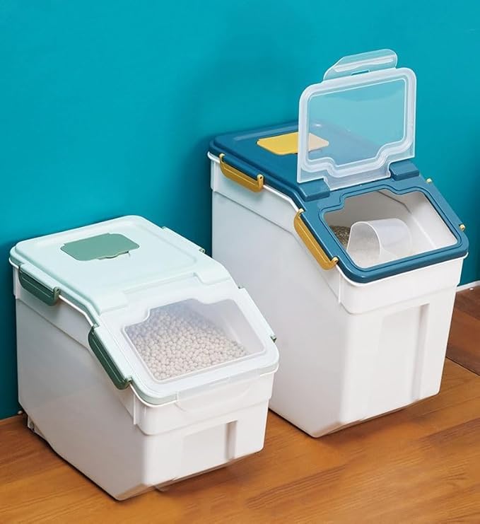 2 Pack Large Flour Storage Container 50 lb Airtight Rice Storage Container with Lid, Wheels, Measuring Cup, Scoop, Plastic Flour Sugar Bin Organizer for Grain Cereal, Rice Dispenser (Green)