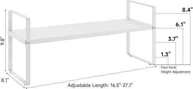taiheis 16.5~27.1" Expandable Shelf Organizer, 1Pack 8.1" Wide Stackable Cabinet Shelf Organizers, White Metal Sturdy Kitchen Counter Storage for Countertop, Adjustable Height Spice Rack