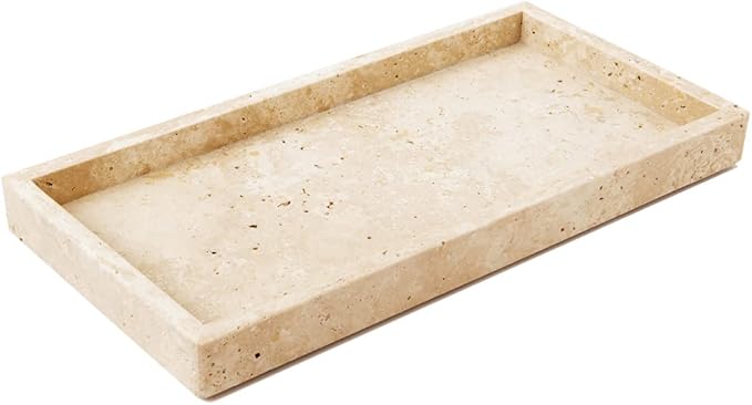 PHINILUX Italian 100% Marble Vanity Tray (12x6in), Counter Organizer for Bathroom, Kitchen, Dresser, Coffee Table, Serving & Decorative (Beige Travertine)