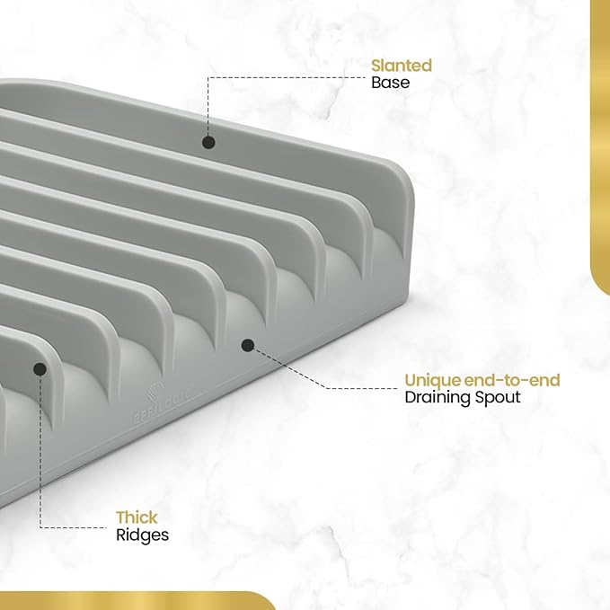 Effilogic Silicone Sponge Holder – Self-Draining Kitchen Sink Organizer, Quick Dry Mat and Counter Protector – Dishwashing Accessories for Sponges, Brushes, and Soap - Large Grey