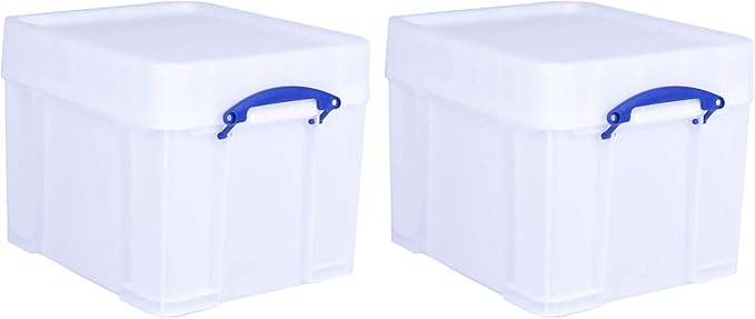 Really Useful Box 35 Liter Extra Strong Plastic Storage Box with XL Snap Lid and Clip Lock Handle for Lidded Home and Item Storage Bin, 2 Pack, White