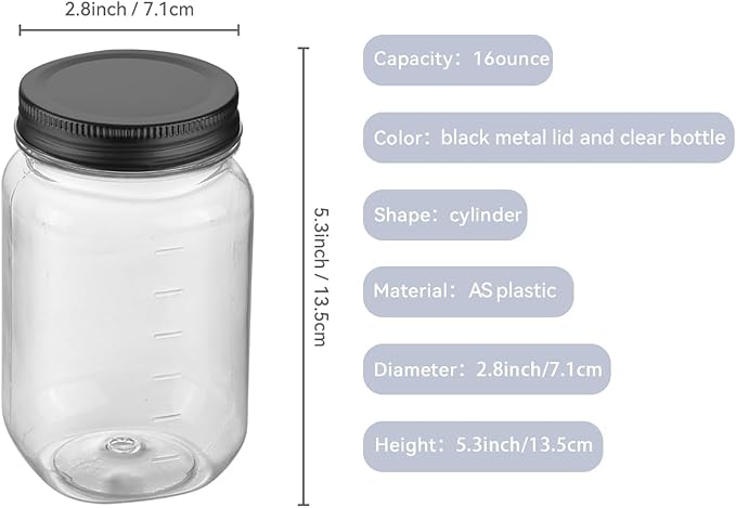 novelinks 16 oz Clear Plastic Jars with Lids, Refillable 16oz Mason Jars with Lids & Storage Containers for Kitchen & Household Use (20 Pack,Black)