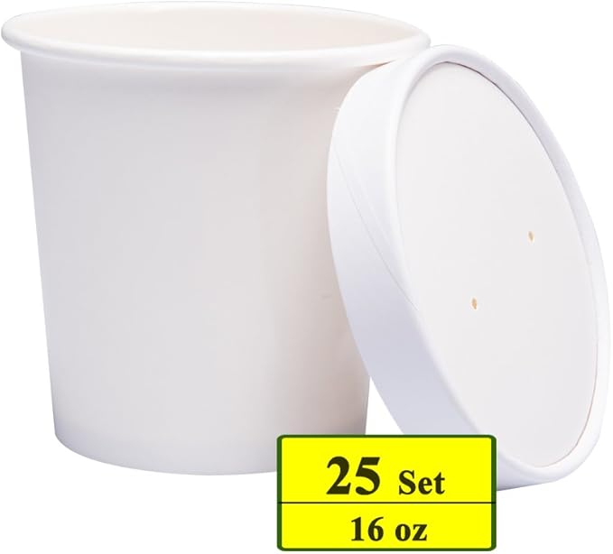 Belinlen Paper Ice Cream Cups with Paper Lids, Hot/Cold Soup Cups with Lids (White) (25, 16 oz)