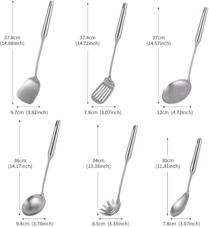 304 Stainless Steel Kitchen Utensils Set, VALESKA 6 PCS Metal Cooking Utensils Set, metal spoon,Wok Spatula, Ladle, Skimmer Slotted Spoon,Serving Large Spoon, Slotted Spatula Tunner