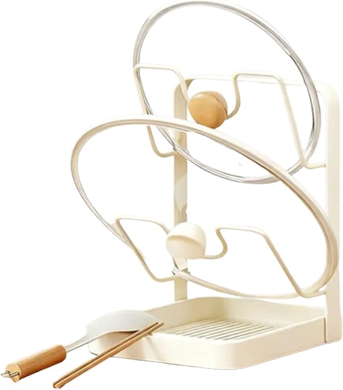 Pot Lid Holder with Spoon Rest, Kitchen Pot Lid Storage Rack with Removable Tray, Lid Holder While Cooking, Lid And Spoon Rest, Multifunctional Kitchen Organizer Stand for Countertop (Beige)