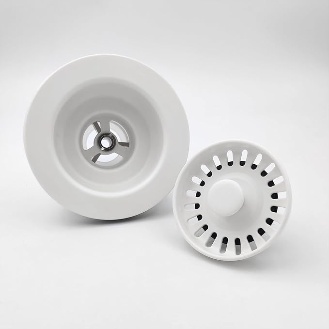 White 3.5 Inch Kitchen Sink Drain Basket Strainer Assembly Kit Polymer Removable Waste Basket and Stopper Matched Color for Ceramic/Granite and Fireclay Sinks