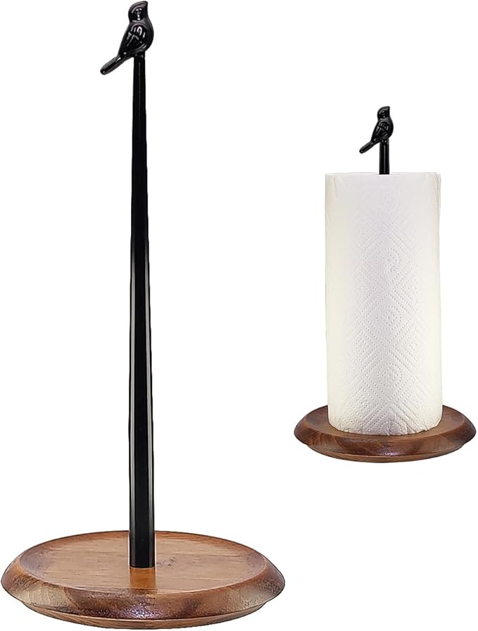 Paper Towel Holder for Countertop, Bird Shaped Farmhouse Kitchen Paper Roll Stand with Solid Wood Base & Iron Rod, Vintage Black Finish & Non-Slip Pad, Stable Holder for Kitchen Decor& Dining Table