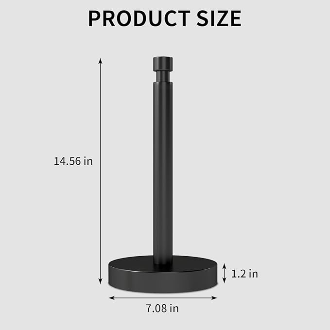 Paper Towel Holder Countertop, Black Paper Towel Holder with Weighted Base Non Slip, Standing Paper Towel Roll Holder for Kitchen Bathroom, Easy One-Handed Operation, Stainles Steel (Matte Black)