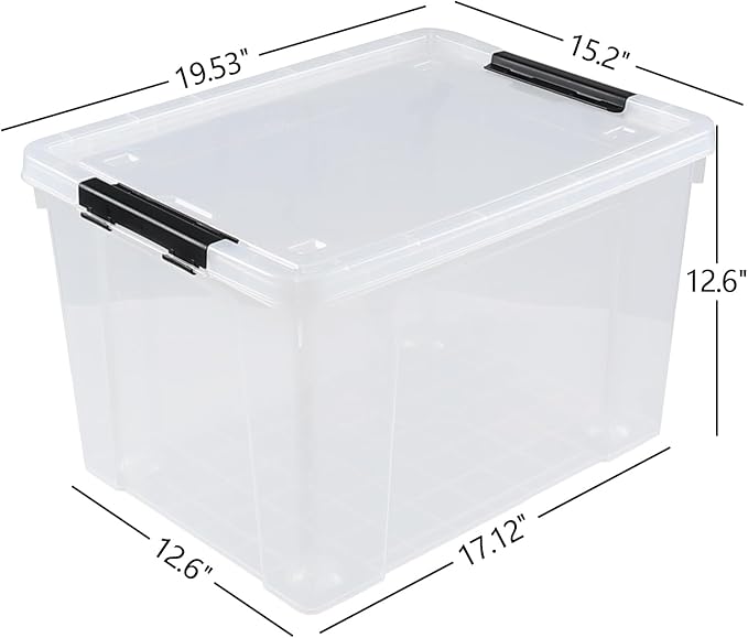 Obstnny 50 Quart Clear Latching Container Bin, 4 Pack Plastic Storage Bin with Wheels