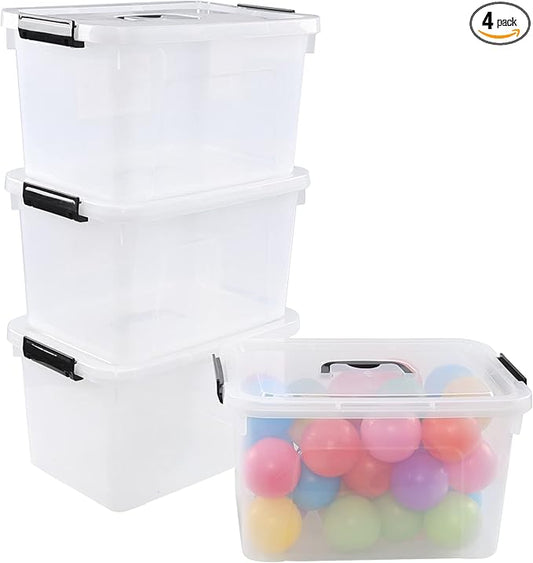 Zopnny 10 L Plastic Storage Box Container, Clear Latch Bin with Handle and Lid, 4-Pack