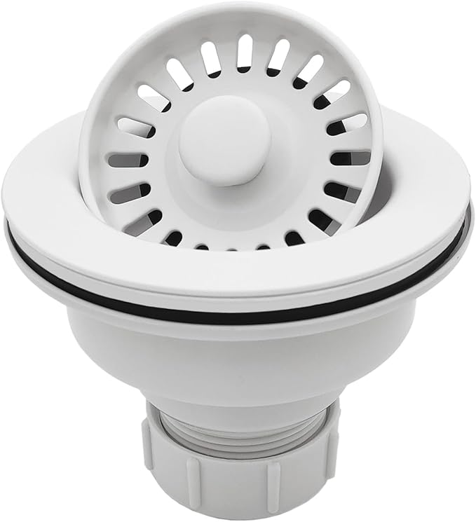 White Kitchen Sink Drain Assembly, 3-1/2 inch Polymer Kitchen Drain Strainer Kit with Removable Basket Strainers Stopper Matching for Granite/Fireclay Sinks