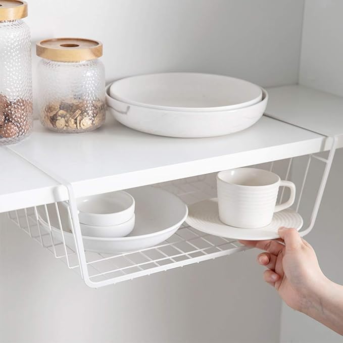 4 Pack Under Shelf Basket, Dveda Durable Metal Wire Rack Hanging Shelf Storage Basket, Under Cabinet Organizer Shelf for Kitchen/Pantry/Bathroom/Desk - Slide Arms Height:1.45 in(White)