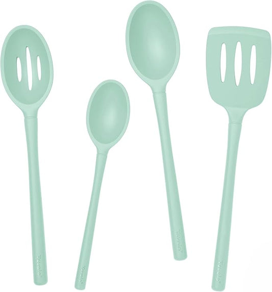 Tovolo Full Silicone Cooking Utensils Set BPA Free Aqua Seafoam Green Flex Core Set of 4 Bundle with Spoons Spatula Turner Heat Resistant 600 Degree, Dishwasher Safe Kitchen Utensils Set Silicone
