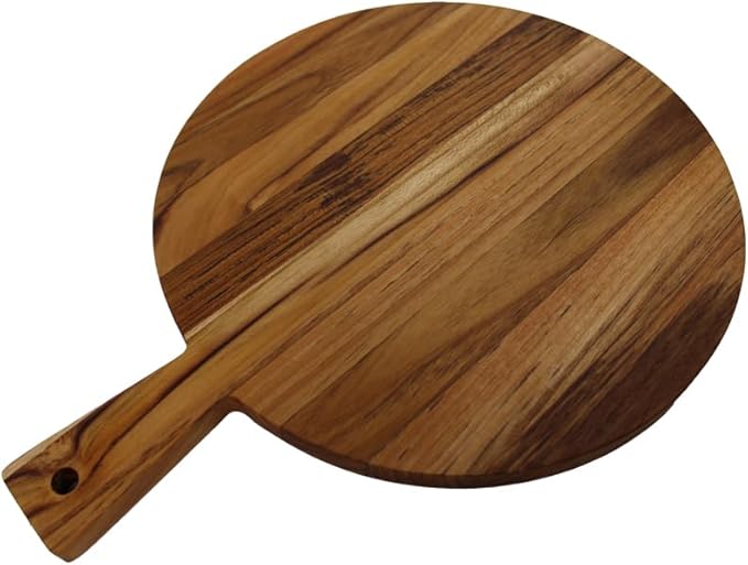 EcoDecors 16" Round Teak Cutting Board with Handle, FSC Certified Solid Wood, Edge Grain with Juice Groove, Carving Board for Meat & Kitchen Use