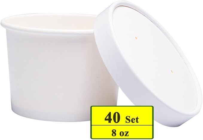 Belinlen Paper Ice Cream Cups with Paper Lids, Paper Hot/Cold Soup Cups with Lids (White) (40, 8 oz)