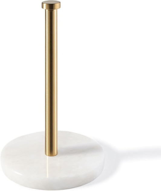 Koville African Genuine Marble Paper Towel Holder Countertop, 6" Stone Base Gold Rod Paper Towel Holder Stand for Kitchen Storage, for Standard or Jumbo-Sized Rolls
