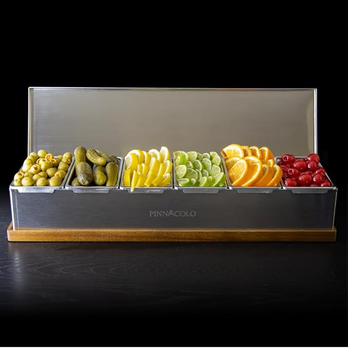Pinnacolo 6 Slot Condiment Carrier, Stainless Steel Holders, Silicone Lids, and Gel Packs - Portable and Versatile for Outdoor BBQs and Parties