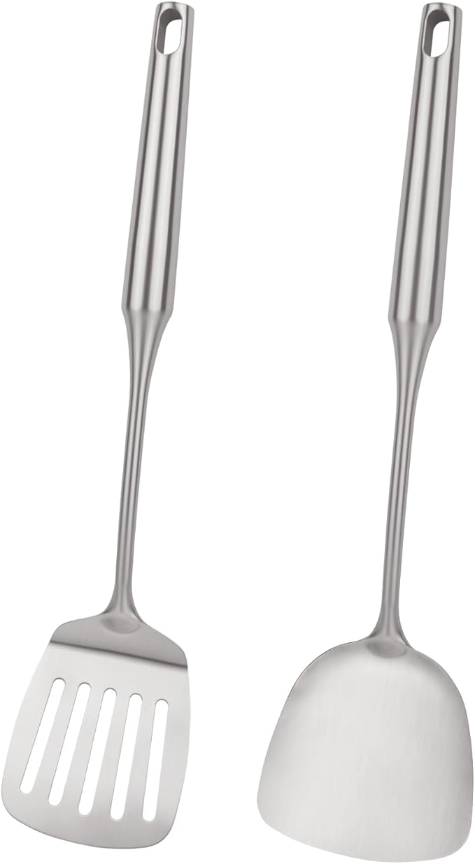 2pcs Metal Kitchen Utensils Set 18/10 Stainless Steel Utensils Set for Cooking, Heat Resistant Wok Tools Set for Chef