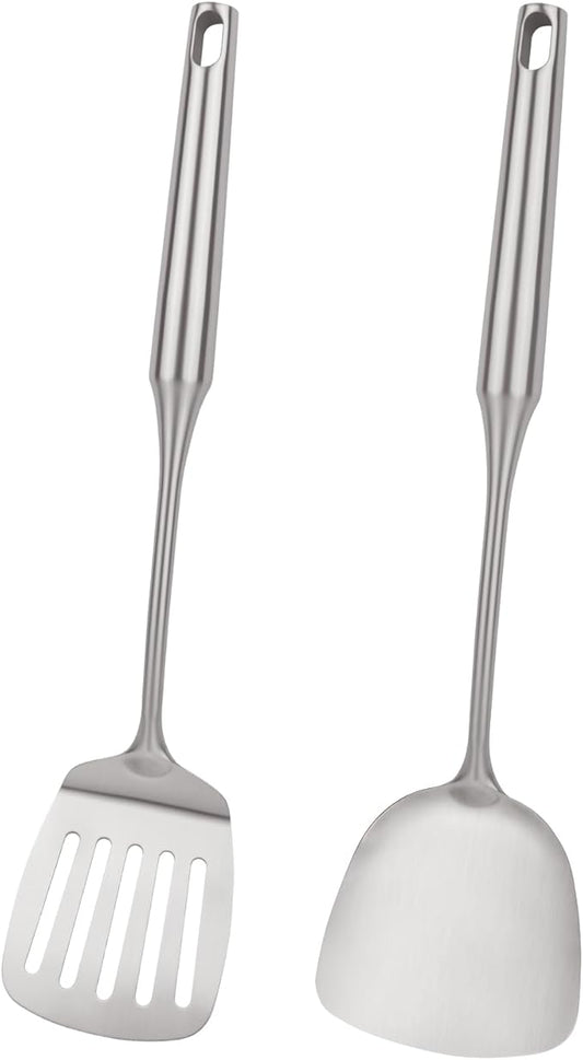 2pcs Metal Kitchen Utensils Set 18/10 Stainless Steel Utensils Set for Cooking, Heat Resistant Wok Tools Set for Chef