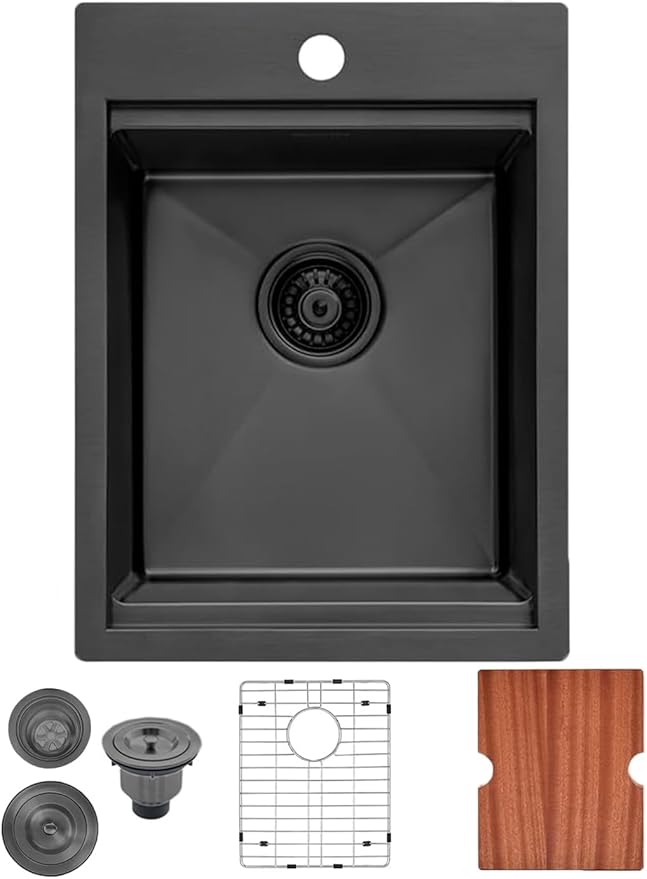 Black Bar Sink Drop In, 15x20 Inch Kitchen Sink Stainless Steel Small Topmount Workstation Sinks, Single Bowl Kitchen Sinks for Office Laundry Wet Bar Prep RV Outdoor Yard